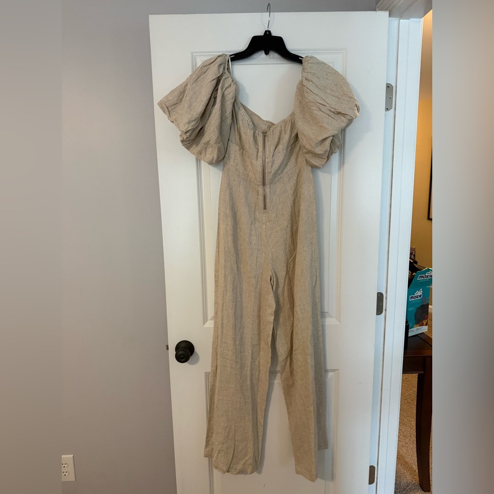 NWT Commense Linen blend puff sleeve khaki Off-Shoulder Jumpsuit XS - Picture 5 of 5